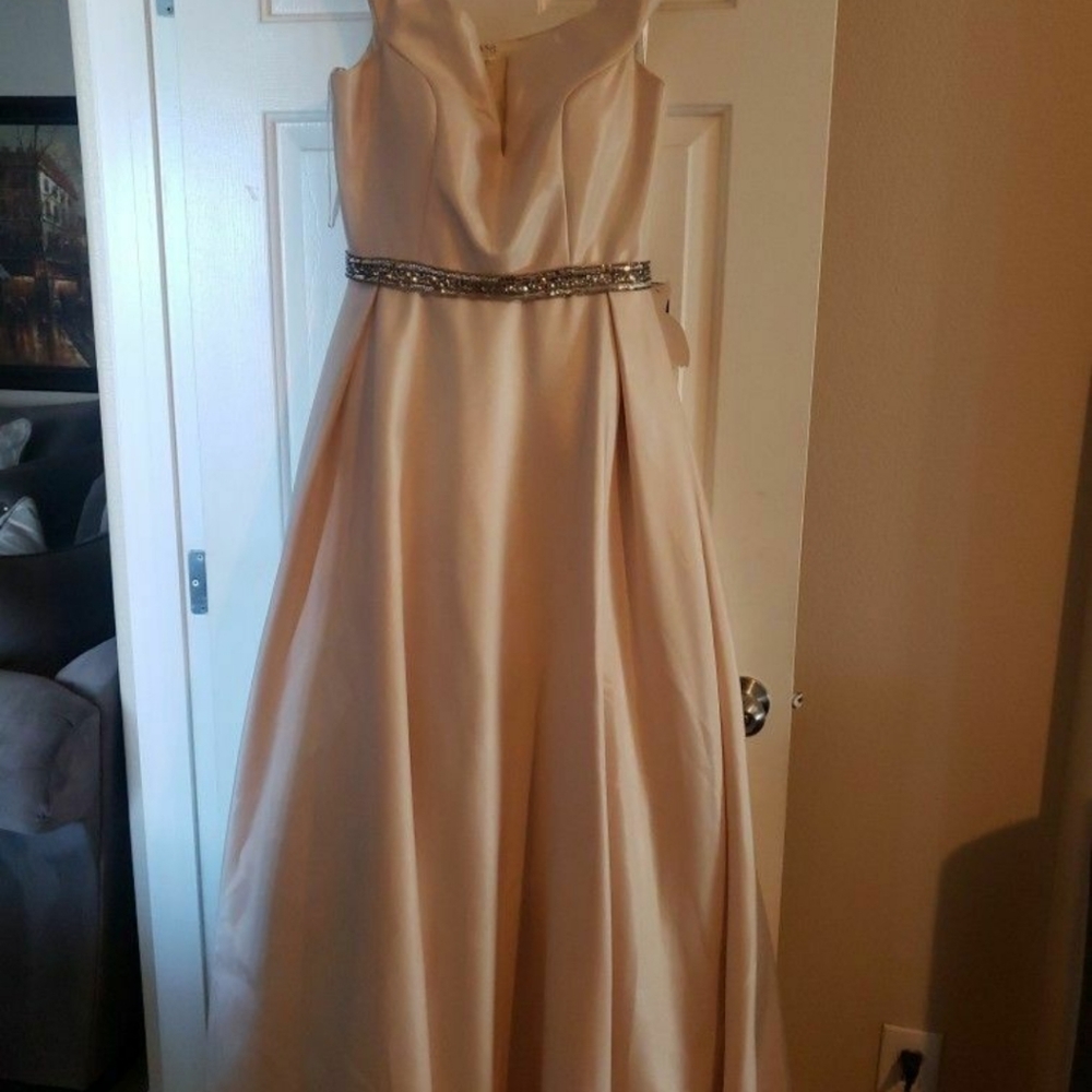 Peaches of Chicago Beautiful Satin Dress with Silver Metallic Trim around waist